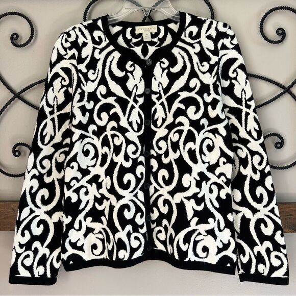 Appleseeds Black White Long Sleeve Button Front Cardigan Sweater - Picture 3 of 12